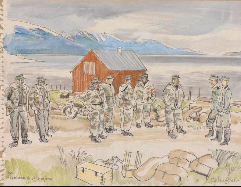 German Soldiers with ski uniforms (artist's caption). Probably at Skibotn. Stephen Bone, British War Artist, 1945 © Imperial War Museum http://www.iwm.org.uk/collections/item/object/3242