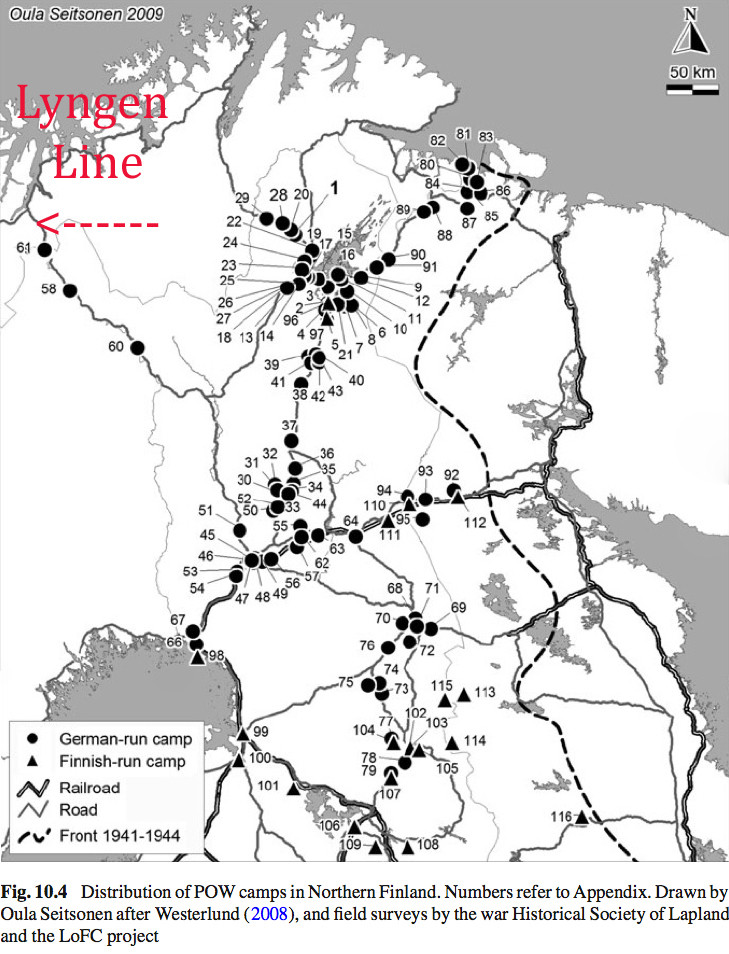 Map of German and Finnish Russian POW camps in northern Finland. Over 30,000 Russian prisoners were kept and moved about in these labour camps. (From  Forgotten in the Wilderness: WWII GermanPoW Camps in Finnish Lapland Oula Seitsonen and Vesa-Pekka Herva