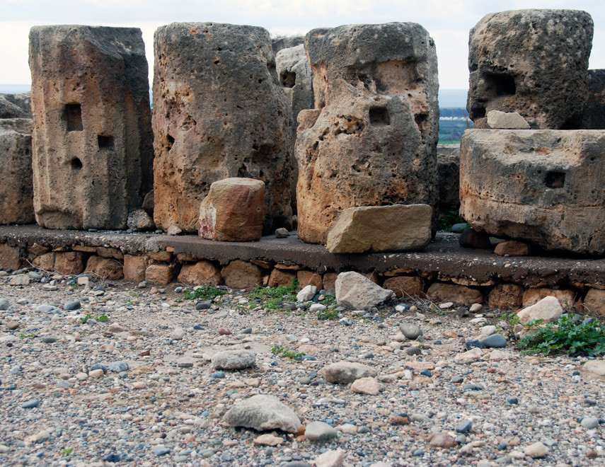 Pillar fragments from the Late Bronze Age flat-roofed, pillared-hall forming the second part of the Sanctuary of Aphrodite (Kouklia, January 2013).