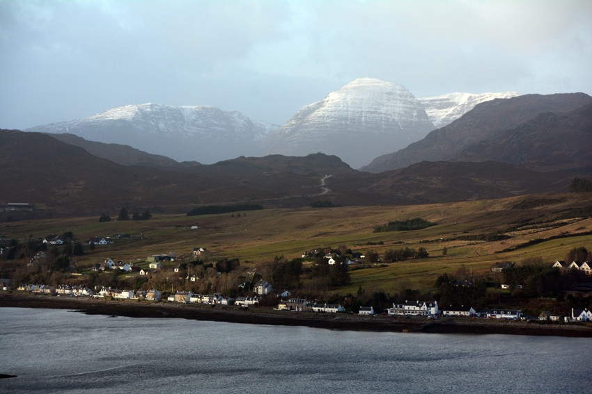 Looking back over Loch Carron to the moutains that guard the road to Applecross. 