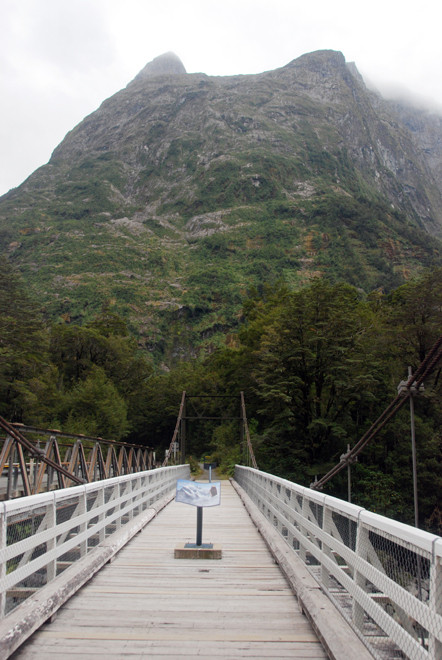 The historic suspension bridge over the Tutoko Rover on the Milford Road.