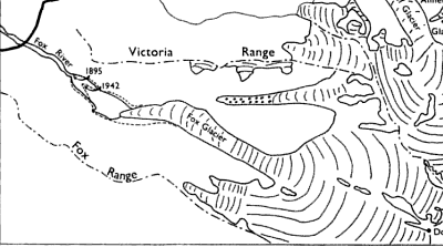 Maximum extension of Fox Glacier at the c. 1890 peak of the last of the glacial advances of the “Little Ice Age” (Source WA Sara 1967 - click for link)