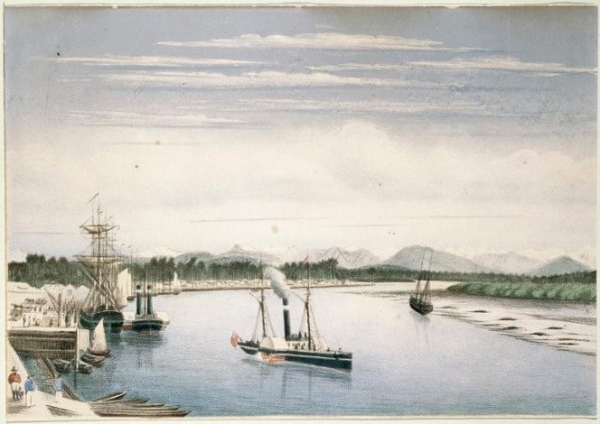 Cooper, William M (1833-1921) Hokitika. Chromolithograph of ship and paddlesteamer at the wharf at Hokitika. 1868-70. Ref: A-104-025-a. Alexander Turnbull Library, Wellington, New Zealand. http://natlib.govt.nz/records/22309766 