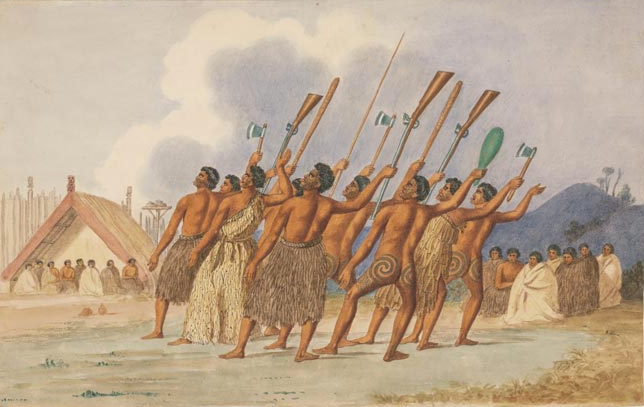 For several decades after the introduction of the musket to New Zealand, Māori warriors used both muskets and their traditional weapons. Watercolour by Joseph Merrett c.1845 (Te Ara and NatLib of Australia).