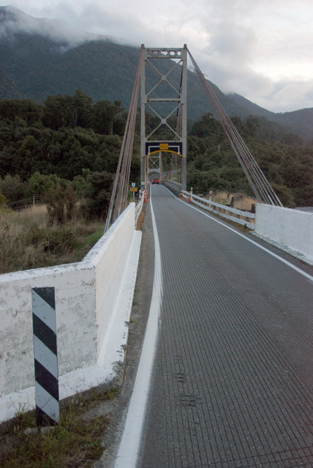 Nearly there and the novelty of another car on the road - at Karangarua single carriageway bridge.