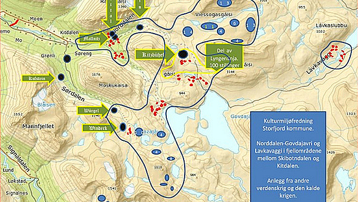 Partial map of Norddalen war sites on the Lyngen Line from Anders Hesjedal (http://www.nrk.no/troms/_-krigsminnene-ma-fredes-1.12018866).