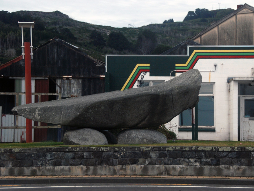 Stone sculpture, Bluff - possibly representing the Ngai Tahu waka - ocean-going canoe - that in mythology is represented by the shape of South Island. Motupōhue (Bluff Hill) is its sternpost.