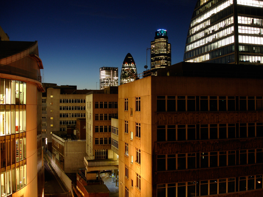 The City of London on a winter evening from New Union Street.