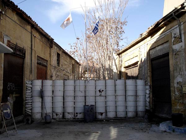 The Green Line with Greek and Republic of Cyprus flags flying (Conflict Cities Project Photo -Click on photo to go there)