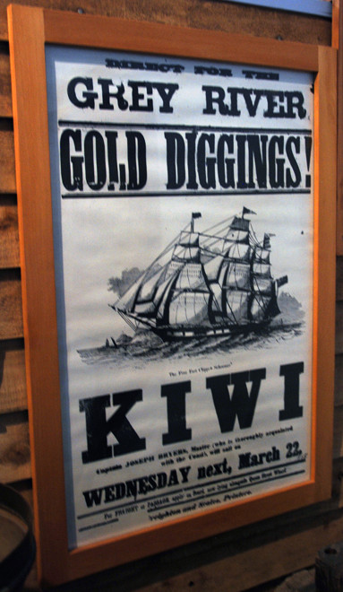 Poster for next sailing of the schooner Kiwi from Wellington to the Grey River west coast goal fields in the 1860s (Hokitika Museum)