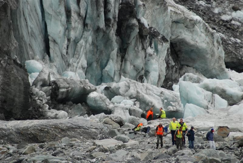 Guides and police at Fox Glacier with family members of the two Australian brothers killed underneath the Fox Glacier by hundreds of tons of falling ice (Click for link).