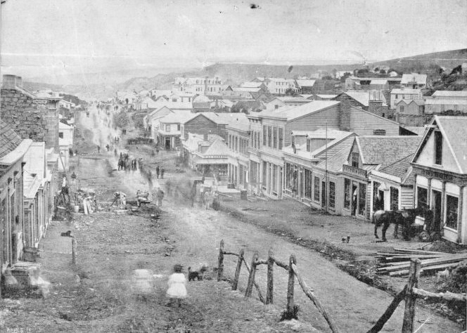 An early (1861) view of Dunedin's Princes Street. Ref: 1/4-002689. Alexander Turnbull Library, Wellington