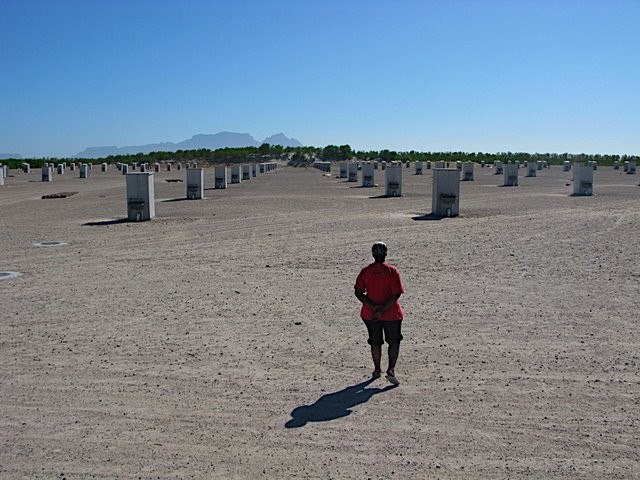 Serviced plots for tented accommodation (?) in the Blikkiesdorp Temporary Relocation Area at Delft 34km north-east of Cape Town with Table Mountain in background (coutesy Kerry Chance)