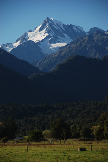 Mt Elie de Beaumont from the coastal flats near the Franz Josef Glacier on State Highway 6 on the west coast of the South Island of New Zealand.