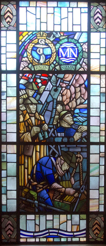 Stained glass window commemorating the IIWW fallen in the Royal New Zealand Navy and the New Zealand Merchant Navy.