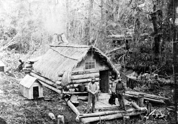 Gold Diggers and their hut, Westport, Westland in the 1880s. Photographer unknown. Ref: PAColl-4346-1-4. Alexander Turnbull Library, Wellington, New Zealand.