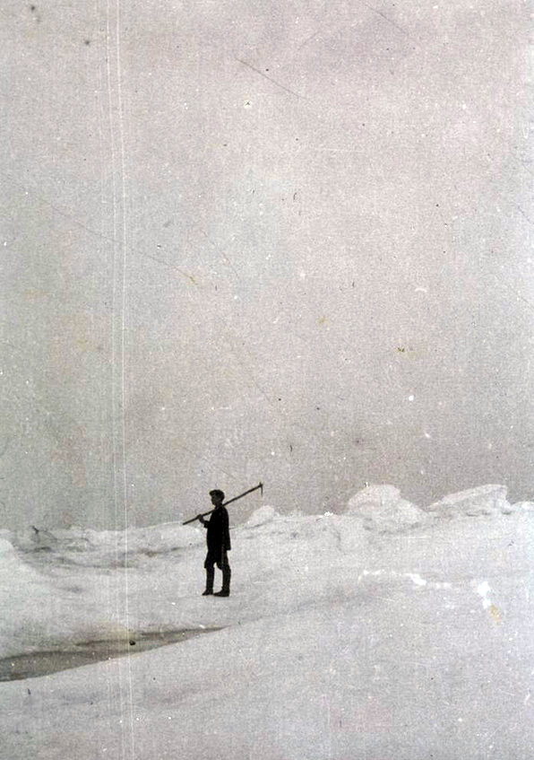 Crew member of the sealer, Correct, on pack ice with a hakapik in 1913 (Wikimedia Commons)