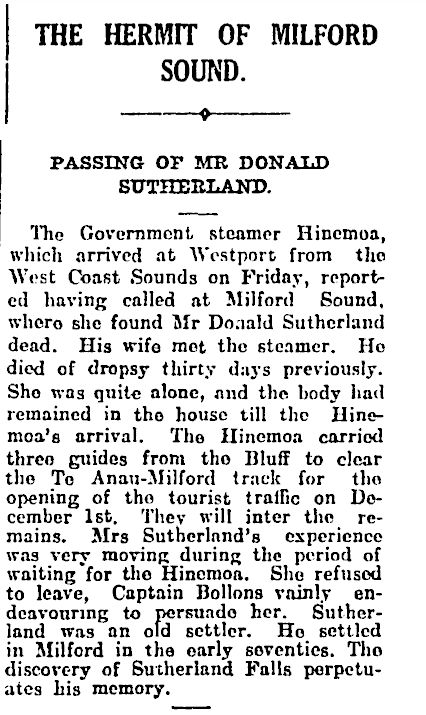 Donald Sutherland's obituary in The Press newspaper of Cantebury  1 December 1919