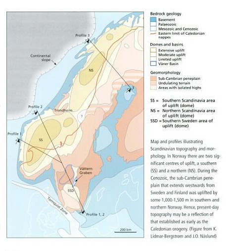 Diagram showing centres of Cenozoic uplift in Norway. The location Lyngen Alps  - at very top of diagram - experienced limited uplift. From The Making of the Land p. 457