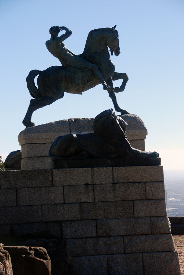 Another view of G F Watt's 'Energy', flanked by one of eight bronze lions, dedicated to the 'genius' of Cecil Rhodes (1853-1902)