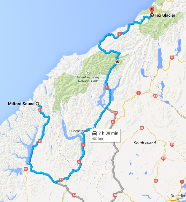 The 603km route from Milford Sound to Fox Glacier with an AA NZ drive-time of 9 hours and 41 minutes.