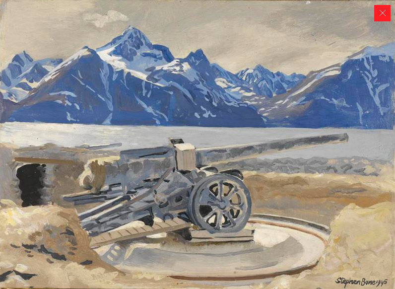 A German gun emplacement at Djupvik, Lyngen Fjord on the water's edge with snow-capped mountains rising in the background. Stephen Bone, 1945 a UK war artist in Norway.  (Imperial War Museum http://www.iwm.org.uk/collections/item/object/3249).