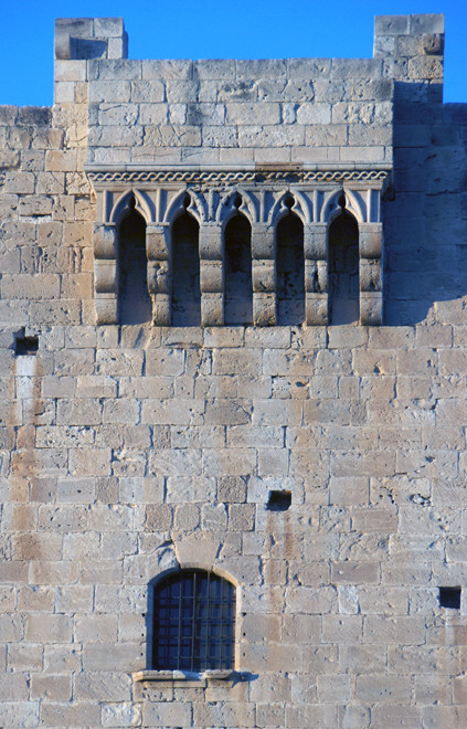 Detail of the The 15th century keep of the castle on the Knights Hospitaller at Kolossi in evening light, January 2013.