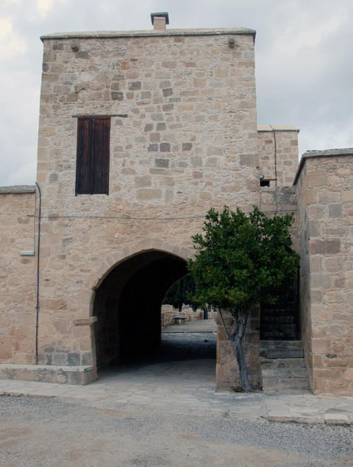 The imposing gatehoure of the 13th century  Lusignan coutyard royal manor house at Couvoucle (Kouklia) January, 2013