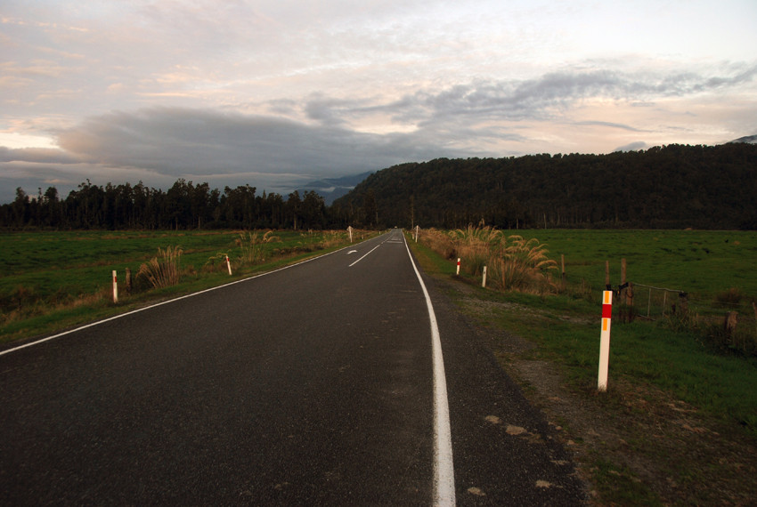 More empty road on New Zeland's west coast south of Fox Glacier. We'd been on the road now for 11 hours. This is at Manakaiaua River.