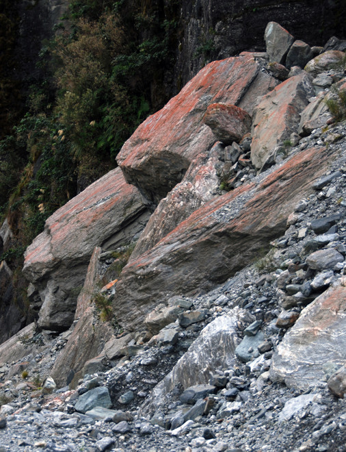 Massive rock debris high up on the valley side: lateral moraine material left by one of the Fox Glacier's many retreats