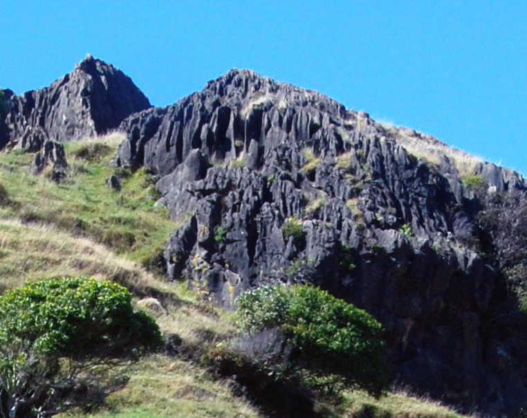 Here the Rinnenkarren (runnels) are more developed and turning into wide kluftkarren (grykes) in more exposed limestone at the top of the bluff.