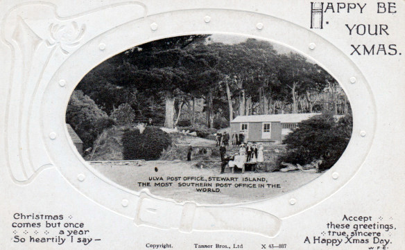 Postcard of Paterson Inlet Post Office, Ulva Island – Sent Christmas 1919 Lemuel Lyes Collection. Note the size of the introduced Monterey Pines and Cypress behind the post office. (Click for link to 