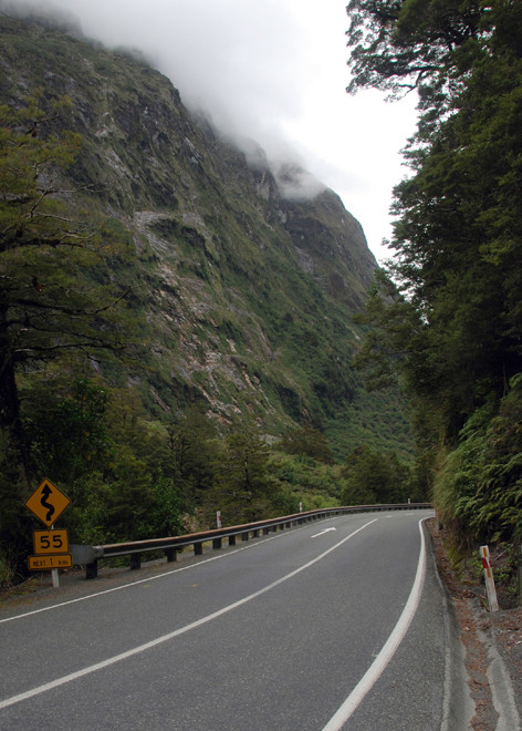 The fantastically steep walls of the Hollyford valley before Christie Falls on the Milford Road.