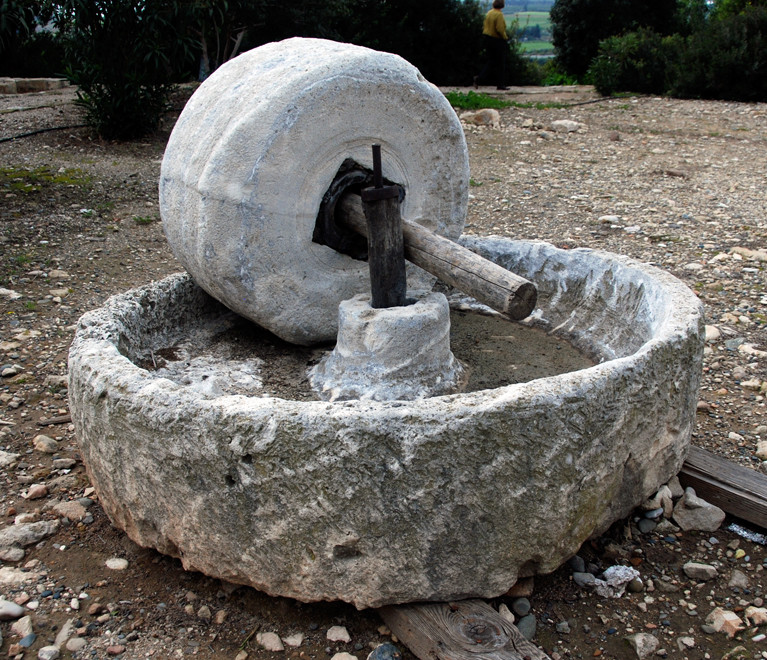 Edge-running animal-powered crushing mill for sugar cane at Aphrodite's Sanctuary, Kouklia, January 2013.