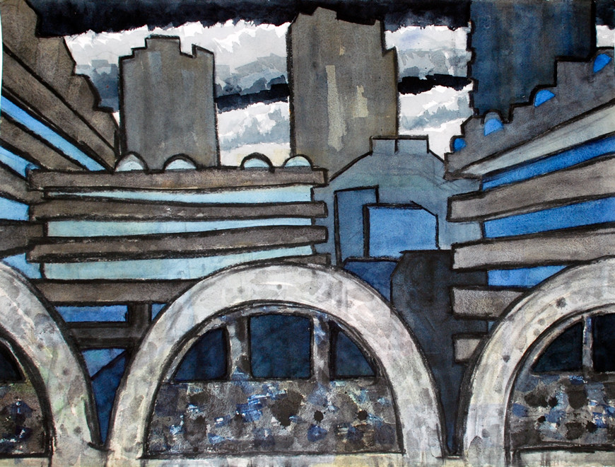 Schematic view of Barbican from below Willoughby House 2006 (Watercolour) (57x76)