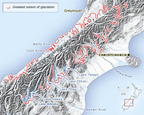 This map shows the maximum extent of ice during the last (Ōtira) glaciation, between 75,000 and 14,000 years ago (http://www.teara.govt.nz click map to go there)