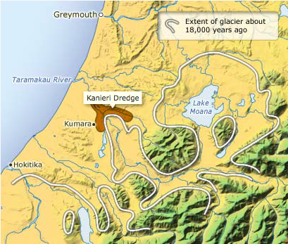 Extent of glaciation in the Taramakau Valley and occurence of rich, gold bearing moranic gravel deposits (Click for source)