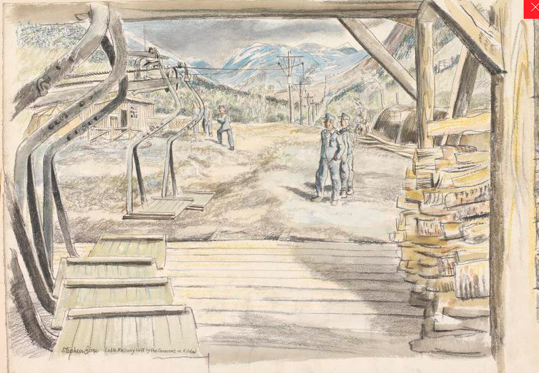Cable Railway built by the Germans in Kitdal Stephen Bone, British War Artist, 1945 © IWM (Art.IWM ART LD 5316) http://www.iwm.org.uk/collections/item/object/3230). Built to ferry supplies to troops in bunkers in the Norddalen (it started nr Mallnitz).