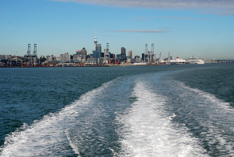 Auckland harbour and CBD skyline from the ferry to Tiritiri Ritangi. 