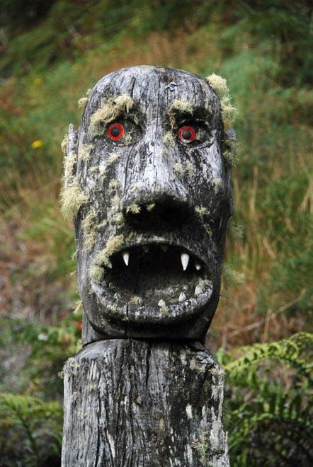 Carving with fantastic lichen add-ons up Main Road, Oban, Stewart Island. 