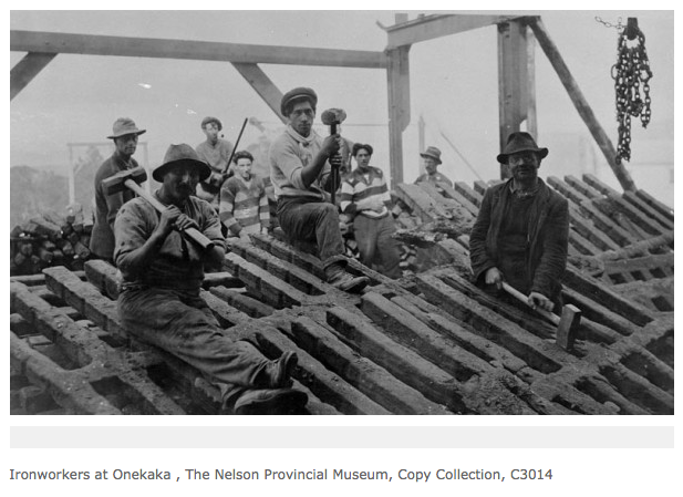 Onekaka Ironworkers breaking-up the cast pigs from the feeding rail for shipment (The Prow - click for link).