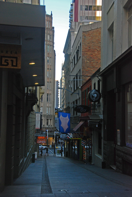 Early morning back lane in Auckland's CBD heading towards the waterfront.