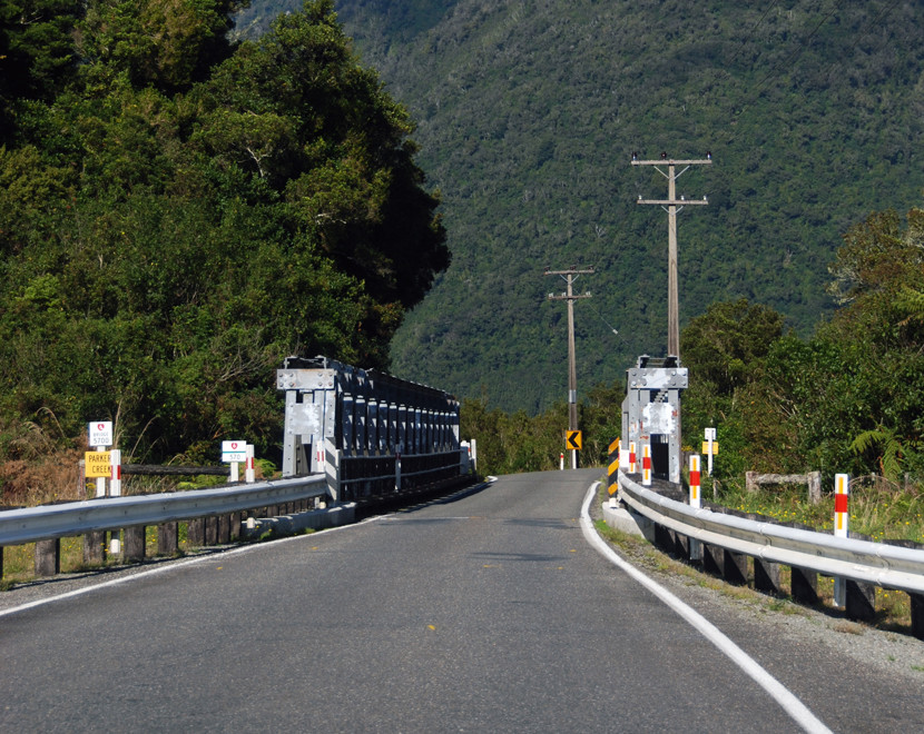 Parkers Creek Bridge on the Whataroa Flats in Westland. New Zealand has the most bridges per capita in the world.