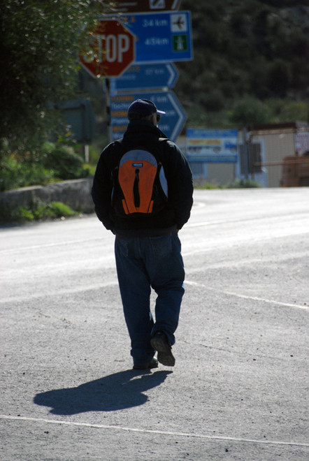 The man from Brooklyn with shadow and roadsigns for the N2, Khirokitia, January 2013