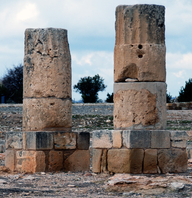 Doric pillars and their square bases from the South Stoa of  the Roman Sanctuary at Palaepaphos (Kouklia, January 2013).