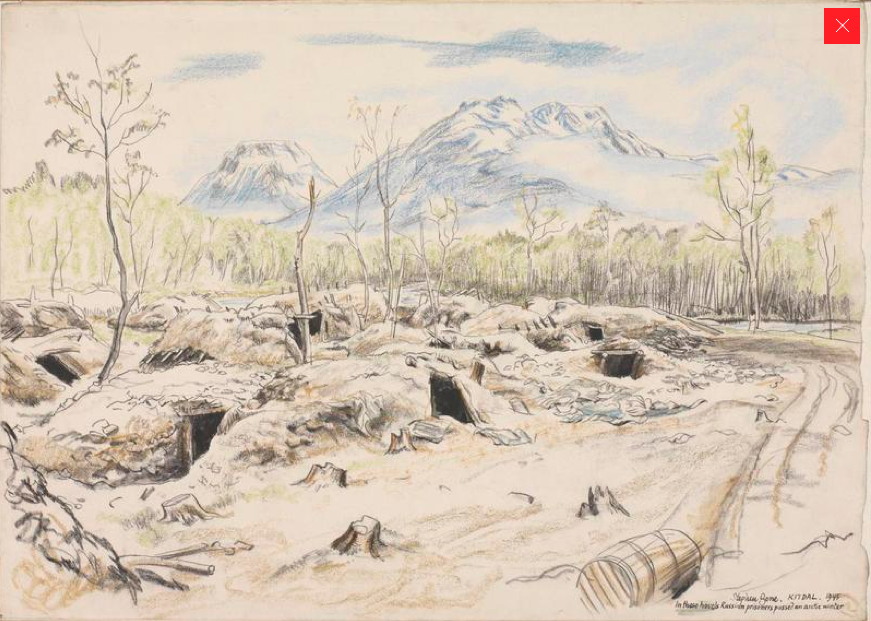 Living graves.The so-called 'Cave Camp' at Kitdal (Stephen Bone, British War Artist, 1945 © IWM (Art.IWM ART LD 5318 http://www.iwm.org.uk/collections/item/object/3232) Caption: 'In these hovels Russian prisoners passed an arctic winter'.