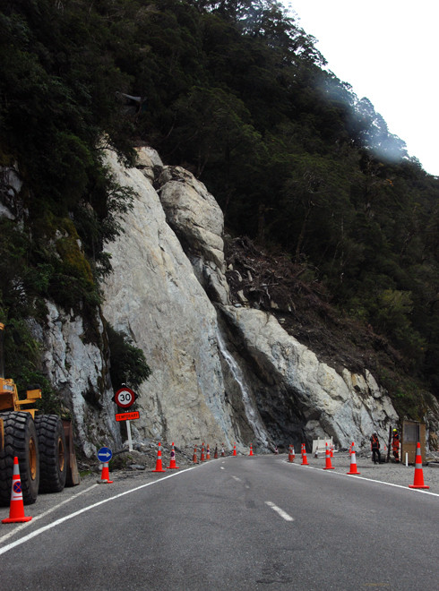 The giant scar left by a massive landslip on the Haast Pass/Tioripatea, March 2014. Two Canadians were swept to their death in a camper van.