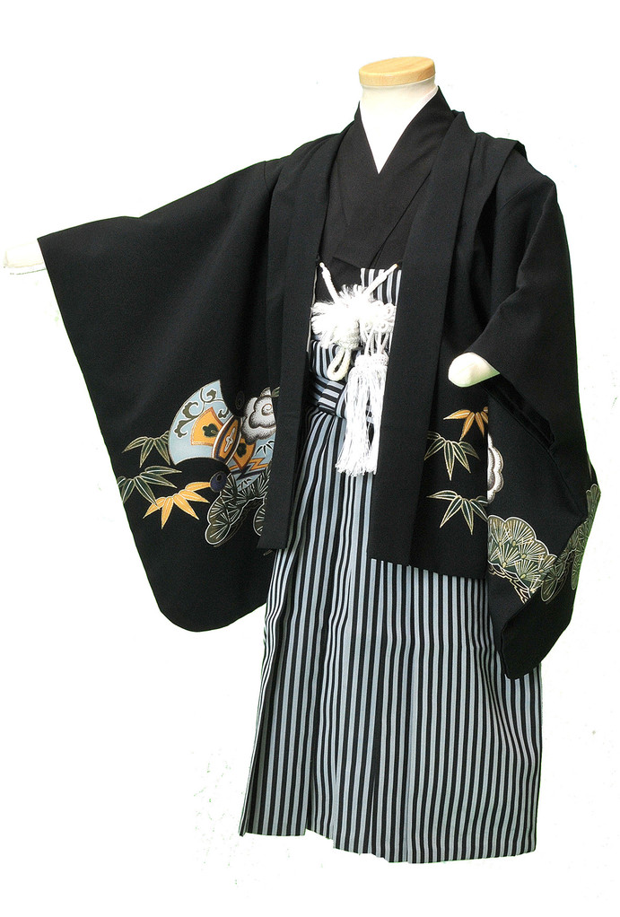 七五三　着物　袴 男児袴：BY152 【五歳】黒鳳凰×黒縞 七五三男児袴レンタルセット