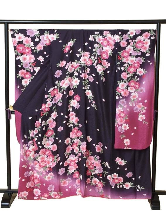 振袖 正絹 洋柄 アトリエサブ 10123○振袖○正絹○海老茶色○桜○沙彩柄地紋○刺繍○雪輪○牡丹○美品○