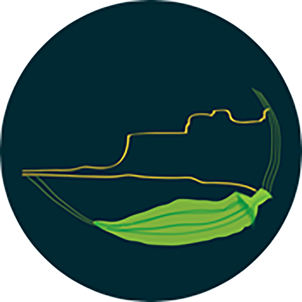 A circular logo for Ulcinj's Okra Festival (Bamije Days). It features a dark background with a bright green okra pod stretching across the bottom, overlaid with a thin yellow-gold line drawing of the silhouette of the Palata Venezia and Ulcinj Old Town.